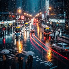 Obraz premium Rainy Cityscape - A Glimpse Through a Wet Window.