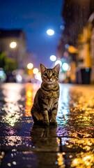 Cat in city at night