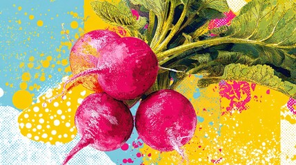 Pop art radishes with abstract halftone patterns