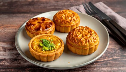Delicious baked goods are beautifully arranged on a plate with a dark wooden background, presenting an assortment of treats including decorative mooncakes and a savory tart garnished with fresh herbs.