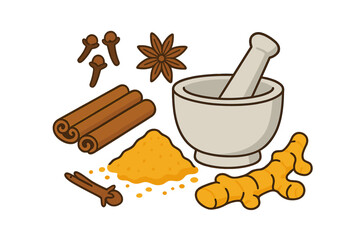Assortment of aromatic spices and herbs with mortar and pestle for culinary preparation