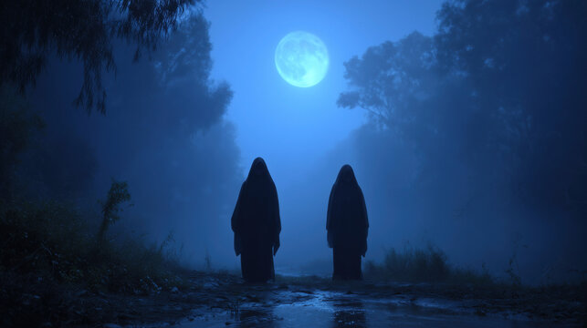 Two ghostly figures stand under a full moon, surrounded by mist in a spooky Halloween landscape