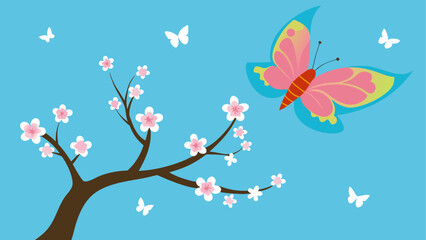 Butterfly and blossom tree on blue background