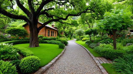 Obraz premium Garden pathway winding through lush green landscape