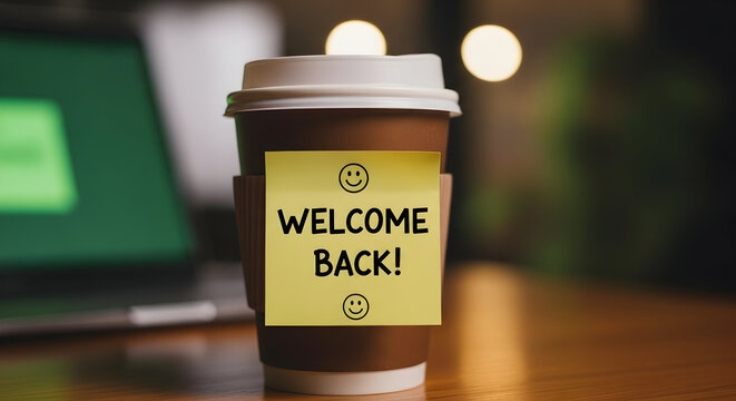 Welcome back to the office a cozy return to work after vacation or leave with a coffee cup and laptop symbolizing productivity motivation and a friendly atmosphere