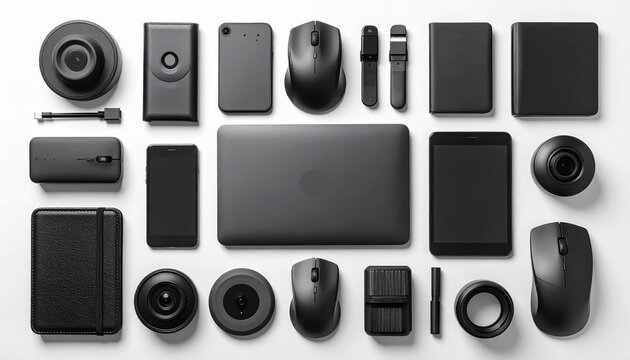 Assortment of various modern electronic devices and accessories, arranged neatly on a clean, white surface.