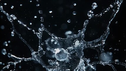 Explosion splash of water droplets into the camera in slow motion footage on an isolated black background - Powered by Adobe