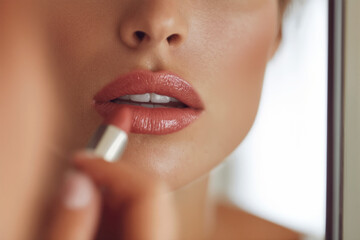 Woman applying lipstick in front of a mirror, enhancing her beauty in a bright and elegant space