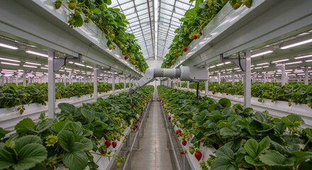 Robotic arm harvesting strawberries in a hydroponic greenhouse. Automated agriculture technology for sustainable food production.