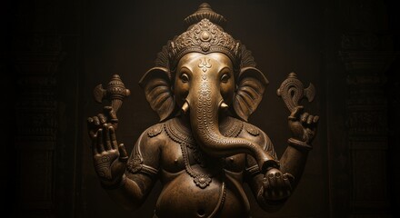 Majestic Bronze Statue of Lord Ganesha in Dramatic Lighting Hindu god elephant head