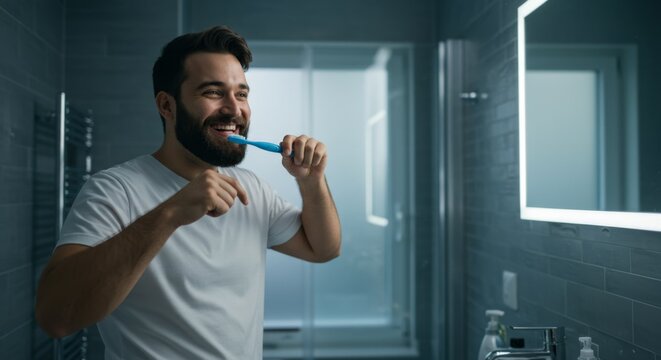 A caucasian man brushing his teeth in bright modern bathroom, smiling. Healthy dental hygiene and daily morning routine concept.