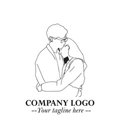 Black and White Couple Woman and Man Hug Together Silhouette Illustration in Minimalist Vector Style