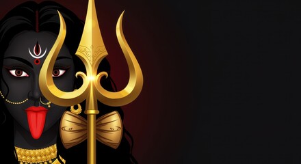 Partial view of Goddess Kali's face and a golden trident against dark background Hindu deity