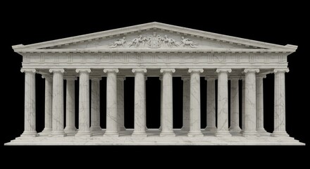 Obraz premium Greek and Roman temple with columns, an ancient marble architectural illustration. Vector design of pillars, Parthenon-style palace, and 3D classical structure on a dark background. 