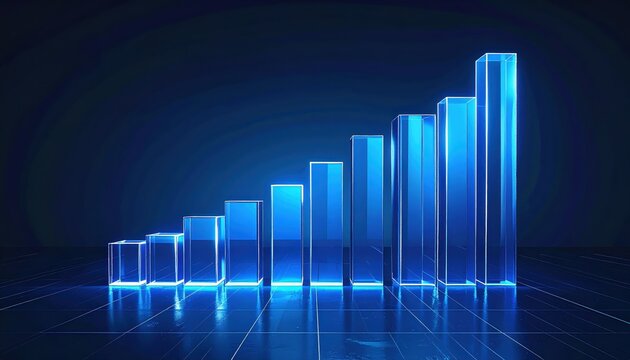 Rising bar graph depicted with translucent, glowing blue blocks on a dark, grid-patterned surface, symbolizing growth, progress, and success in a digital environment against a dark blue backdrop, and