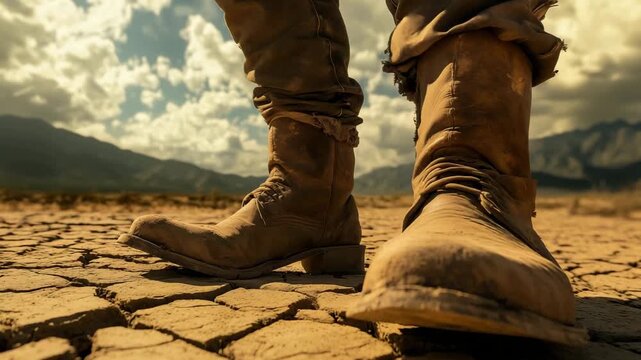 A pair of worn boots is shown on dry, cracked soil with mountains and clouds in the background during daylight hours