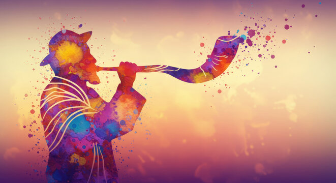 Man blowing colorful shofar horn, abstract watercolor style. Jewish new year Rosh Hashanah concept. Religious holiday illustration.