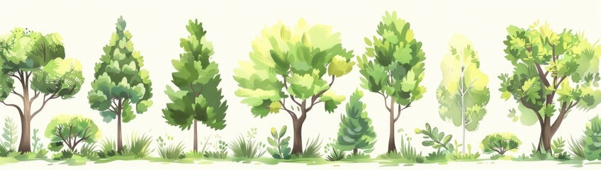 Fototapeta premium Watercolor trees landscape illustration for use as a background or border