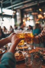 Happy friends toasting with beer in the bar while having lunch together.