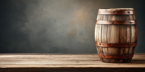 An old wooden barrel on the table against a dark background, with ample space for product display and presentation in a bar or pub setting.