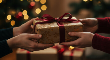 Woman giving present to man. Couple exchanging gift during Christmas celebration. Holiday surprise for event.