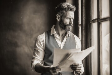 Photo of a businessman holding papers in his hand, standing near a window and looking at documents while working on a project.