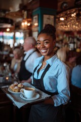 A photograph of an attractive Black female waitress carrying a coffee tray in a cafe with other people.