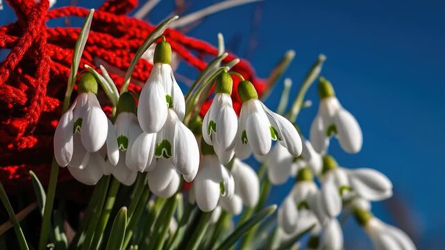 Freshly picked snowdrops in a vibrant red basket, perfect for spring decor or as a gift