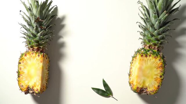 Two sliced pineapples lay on a white surface with two leaves. The cut reveals the fruit's interior. Shadows add depth to the scene