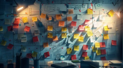A cluttered whiteboard illuminated by a desk lamp, covered in numerous colorful sticky notes, hand-drawn diagrams, and charts, suggesting a busy planning or brainstorming session