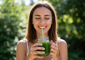 Fototapeta premium Woman enjoying a refreshing green smoothie outdoors with a smile.