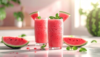 Fresh, vibrant image showcasing two glasses of blended watermelon juice, garnished with mint sprigs and watermelon slices, placed on a light-colored surface with scattered leaves, complemented by a...