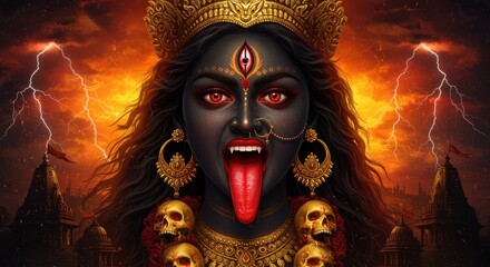 Terrifying Goddess Kali with Skulls and Lightning Strikes Hindu goddess Indian deity