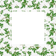 A frame with fir branches and pine cones, a watercolor New Year's pattern with a white space in the center for text or greetings.