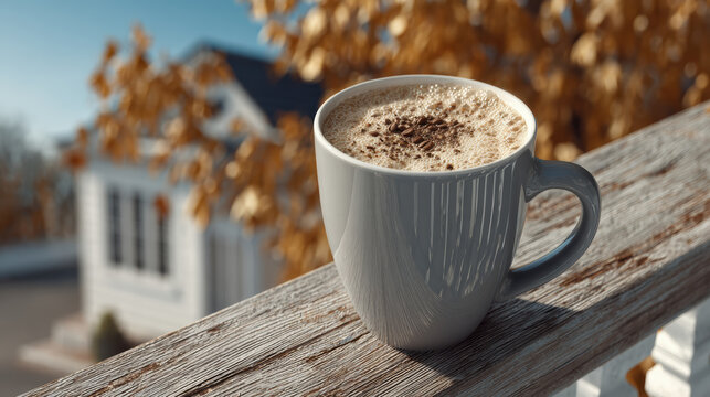 Cozy autumn morning with warm pumpkin spice latte in grey mug on rustic porch railing. perfect relaxing start to crisp fall day