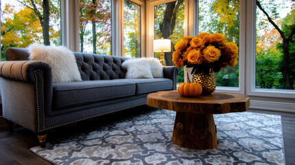 Cozy autumn living room with grey couch, wooden coffee table, and pumpkin next to flower arrangement creating warm, inviting feeling