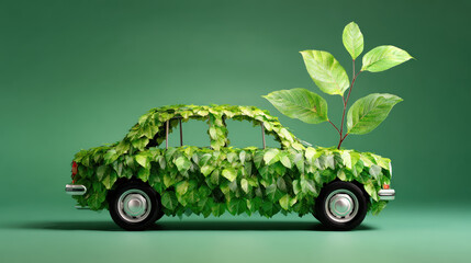 Green eco friendly car concept covered in leaf shows sustainable future for environment and nature. Transport with clean energy power