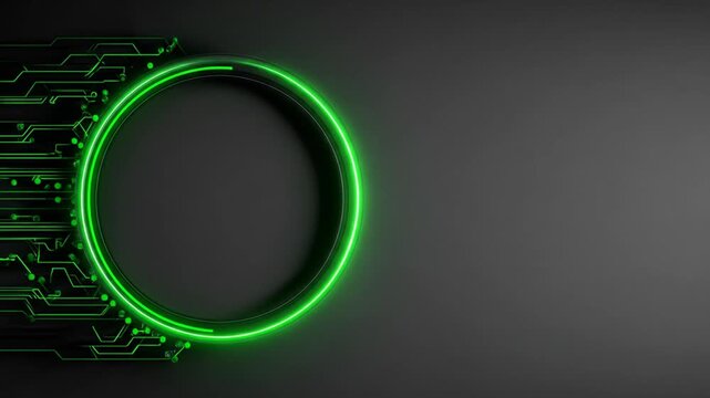 Neon green circle design on a dark background with circuit board elements