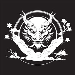 Illustration of a head of a DRAGON Is white on black background and enclosed in a circle with appropriate Asian elements 