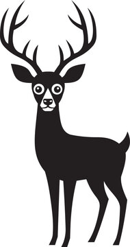 Cute Stylized Deer with Big Eyes and Antlers, Black and White Vector Illustration
