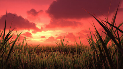 Fototapeta premium Dramatic beautiful sunset over field of grass. red sky and dark cloud create serene, peaceful nature background for summer evening