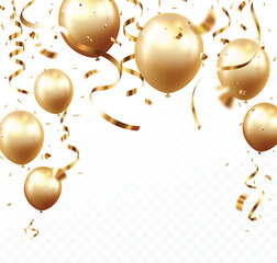 Celebration banner design with gold confetti, falling ribbon and balloons