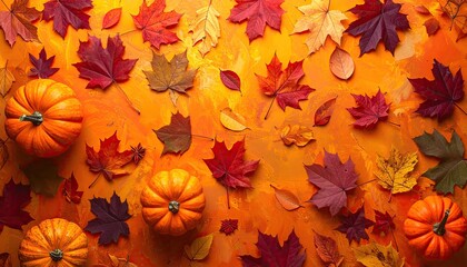 Autumn leaves & pumpkins on paint background, fall season use