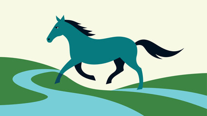 Teal horse running over green field area