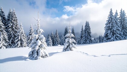 Fototapeta premium Winter Forest View Snow-Covered Trees, Cloudy Sky for Holiday Travel Promotion
