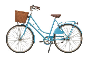 Isolated ladies light blue bicycle with wicker basket, brown saddle, ready to ride, fun