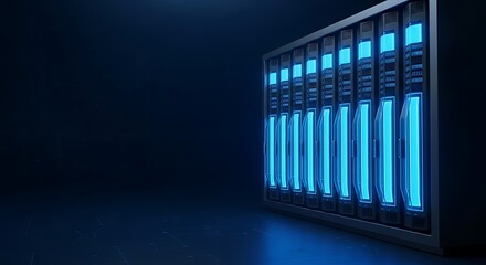 Modern data center servers glow blue in dark futuristic room