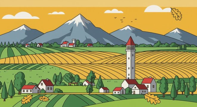 Modern geometric vector landscape showing mountains, houses, a tower, village, eco farm, and agricultural fields. Line art with oak leaf design for posters, covers, or backgrounds without text.
