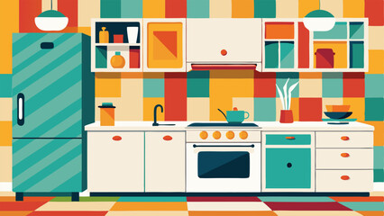 A kitchen with sleek white cabinets and countertops accented by a colorful backsplash and retroinspired appliances.