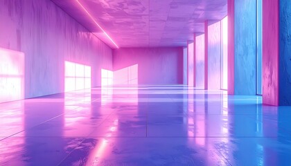 Illuminated interior space showcases a modern architectural design with smooth, reflective floors and walls, bathed in vibrant pink and blue light, producing dramatic lighting effects throughout the.